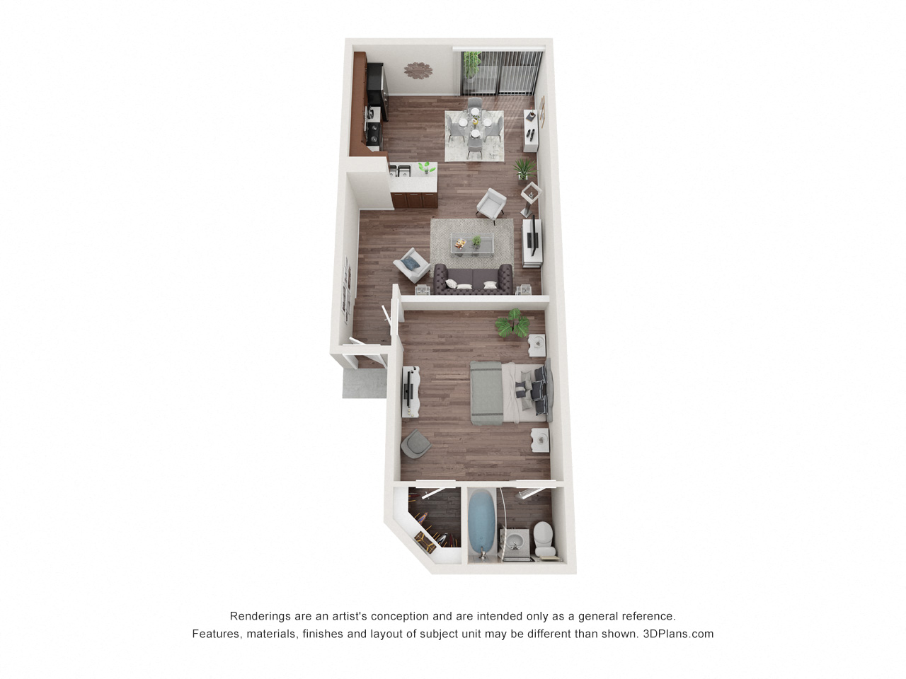 Floor plan for studio, 1 bath, 605 sqft